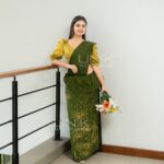 Handcrafted Cotton Batik Saree 2615 - Olive Green and Yellow Saree